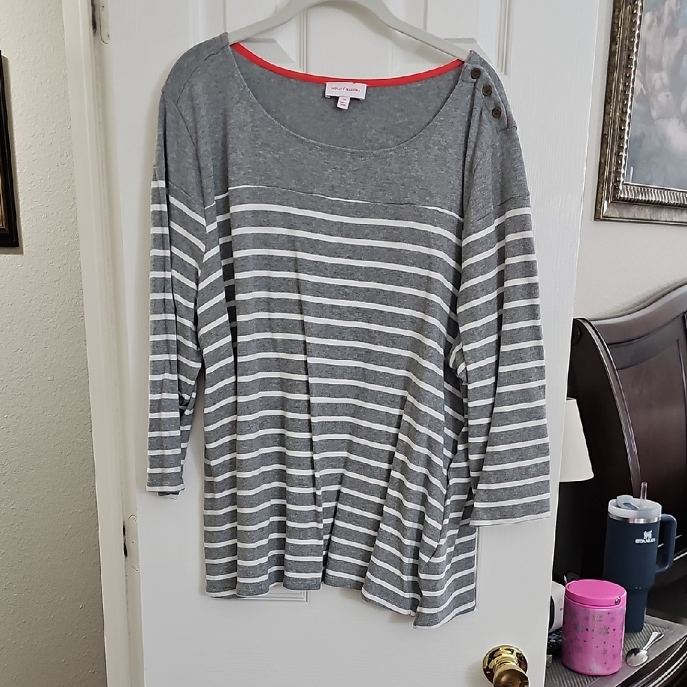 Gray and White Striped Long Sleeve Top